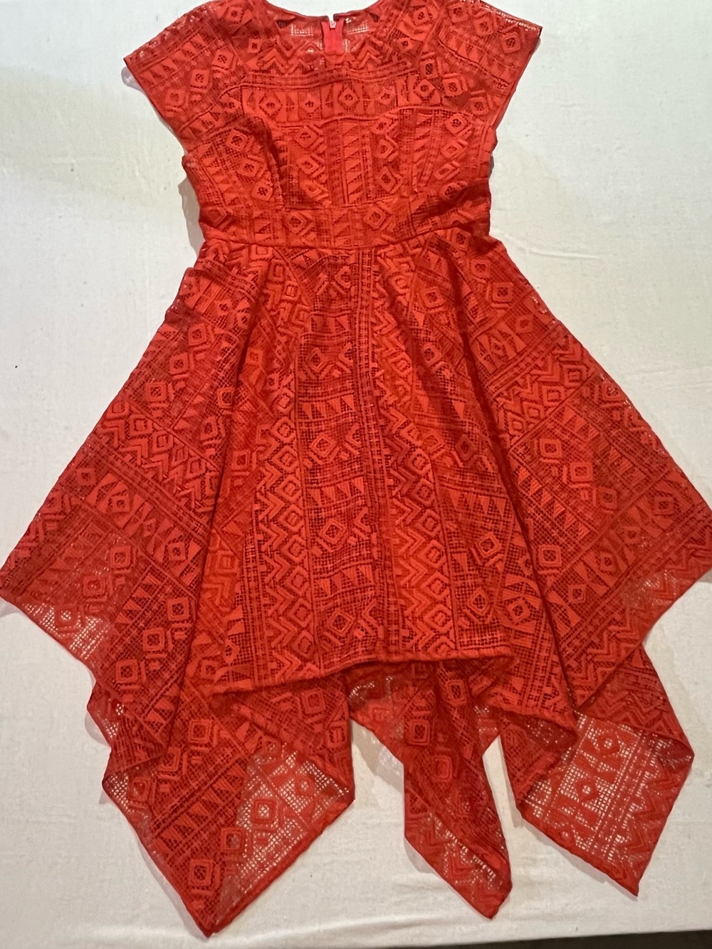 Maeve Anthropologie Prima Lace Asymmetric Handkerchief Dress, Red Orange, Sz